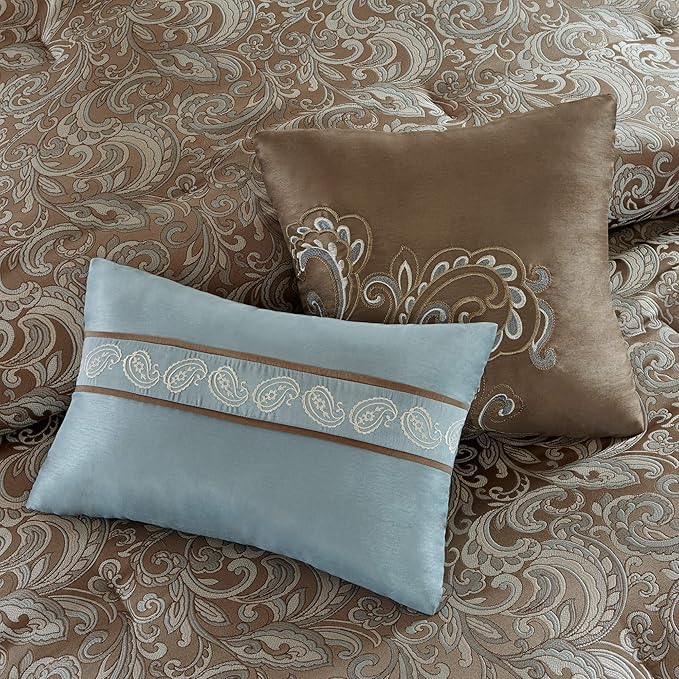 Madison Park Essentials Brystol 24 Piece Room in a Bag Faux Silk Comforter Jacquard Paisley Design Matching Curtains Down Alternative Hypoallergenic All Season Bedding-Set, Queen (90 in x 90 in), Blue - LeafyLoom