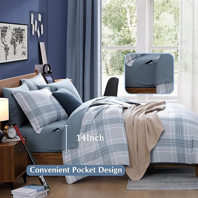 Blue King Size Comforter, Dorm Plaid Light Blue King Bedding Set Homestead-style King Size Bed Set for Bedroom (Light Blue,King,102"*90") - LeafyLoom