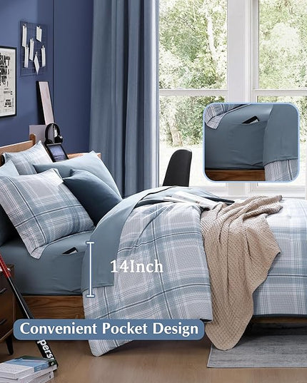 Light Blue Twin Bed Set, Plaid Twin XL Comforter Set for Boys & Girls,Classic Homestead-style Twin Comforter Set with Sheets and Comforter Set - LeafyLoom