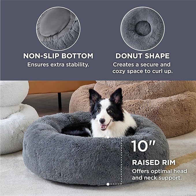 Bedsure Calming Dog Bed for Large Dogs - Donut Washable Large Pet Bed, 36 inches Anti-Slip Round Fluffy Plush Faux Fur Dog Bed, Fits up to 100 lbs Pets, Dark Grey BEDSURE