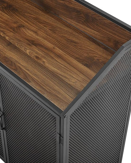 Walker Edison Malcomb Urban Industrial Metal Mesh Double Door Rolling Bar Cabinet, 33 Inch, Dark Walnut - LeafyLoom