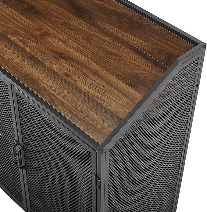 Walker Edison Malcomb Urban Industrial Metal Mesh Double Door Rolling Bar Cabinet, 33 Inch, Dark Walnut - LeafyLoom
