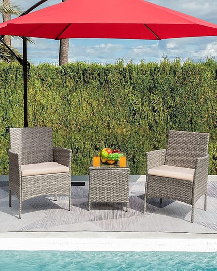 Greesum 3 Pieces Patio Furniture Sets Outdoor PE Rattan Wicker Chairs with Soft Cushion and Glass Coffee Table for Garden Backyard Porch Poolside, Gray and Beige - LeafyLoom