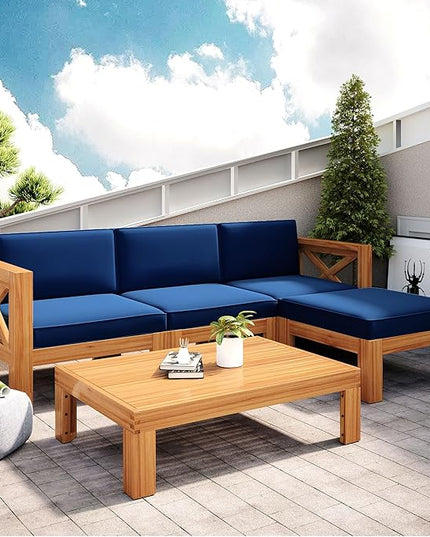 Merax 5 Pieces, Patio Furniture Sets, Solid Wood Sectional Sofa Seating Group with Soft Cushions, for Backyard and Garden, Blue - LeafyLoom