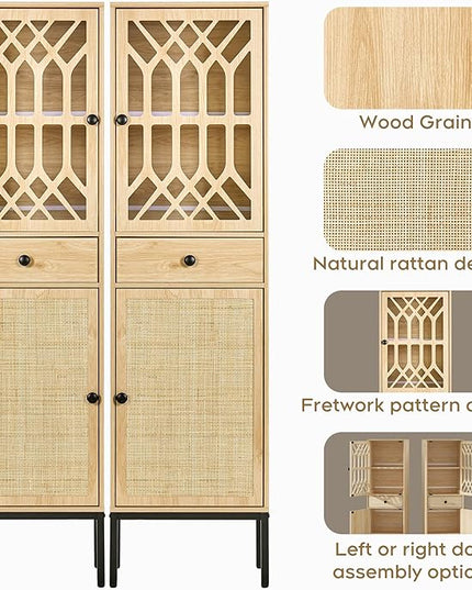 Brafab Set of 2 Tall Cabinet Narrow Storage Linen Cabinet Tall Sideboard Rattan Woven Door Fretwork Pattern Door 1 Drawer - LeafyLoom