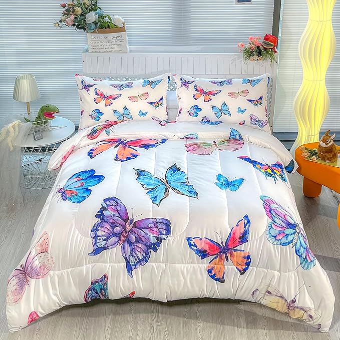 CVHOUSE Bedding Set, Full Size, Butterfly Design for Girls Kids Teens, 3Pcs Including Comforter and 2 Pillowcases - LeafyLoom