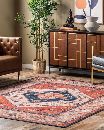 nuLOOM Carolyn Machine Washable Tribal Motif Ultra Thin Area Rug, 6' Square, Rust - LeafyLoom