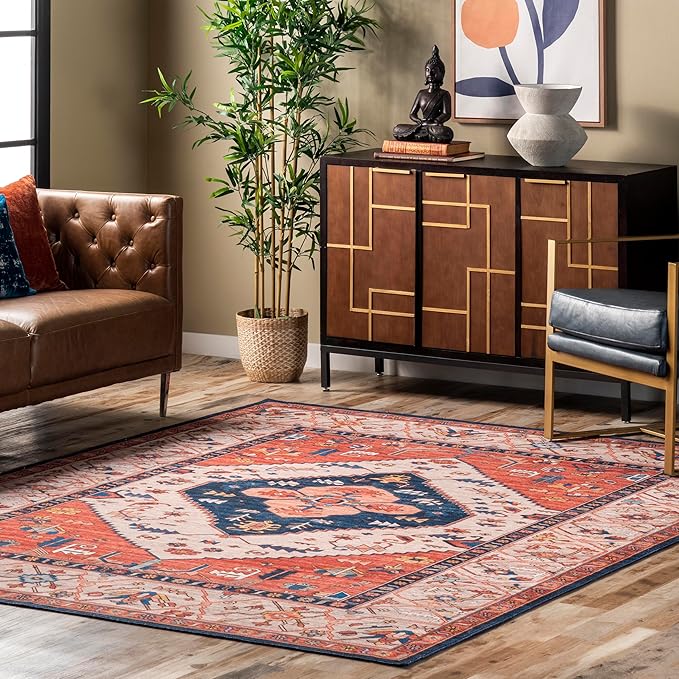nuLOOM Carolyn Machine Washable Tribal Motif Ultra Thin Area Rug, 9' x 12', Rust - LeafyLoom