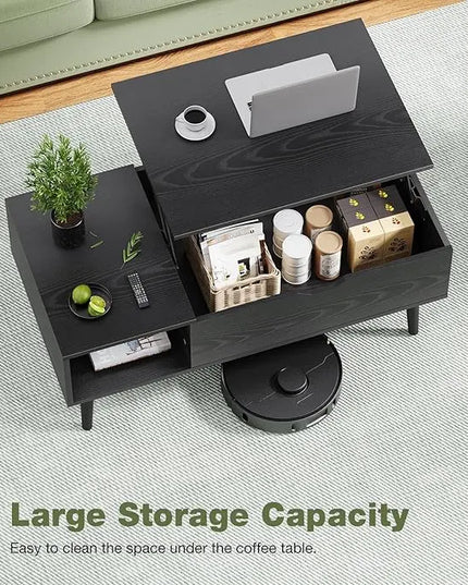 OLIXIS Modern Lift Top Coffee Table Wooden Furniture with Storage Shelf and Hidden Compartment for Living Room Office, Black - LeafyLoom