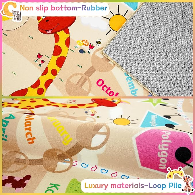 Chicrug Educational Kid Area Rug for Playroom, 4x6 Feet TPR Non Slip Kids Classroom Carpet Rug for Learning ABC Animal, Shape Color Fruit, Washable Play Mat Rug for Children Nursery Toddler Room Decor - LeafyLoom