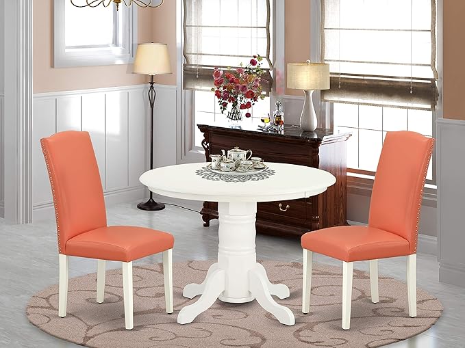 East West Furniture SHEN3-LWH-78 3 Piece Dining Set Contains a Round Kitchen Table with Pedestal and 2 Pink Flamingo Faux Leather Upholstered Chairs, 42x42 Inch - LeafyLoom