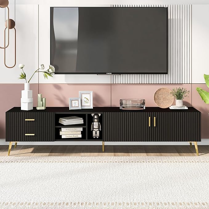 71 Inch TV Stand, Modern Television Stands with Drawers, Cabinets and Open Shelf, Entertainment Center with 5 Champagne Legs for Living Room and Bedroom, Black - LeafyLoom