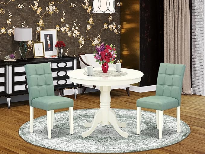 East West Furniture ANAS3-LWH-43 Antique 3 Piece Dining Set consists A Dinner Table and 2 Willow Green Linen White Faux Leather Parson Kitchen Chairs with Stylish Back, Finish, 36x36 Inch - LeafyLoom