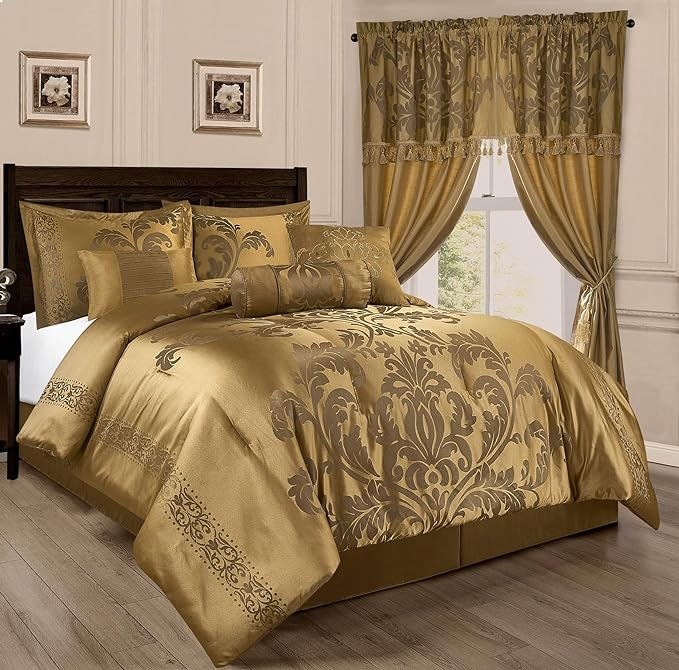 Chezmoi Collection Royale 7-Piece Jacquard Floral Comforter Set, Oversized King, Gold - LeafyLoom
