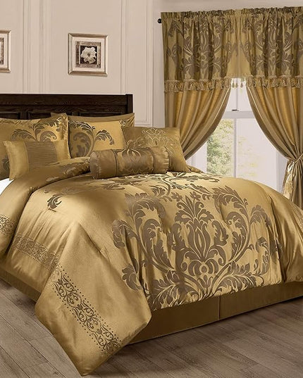Chezmoi Collection Royale 7-Piece Jacquard Floral Comforter Set, Oversized Queen, Gold - LeafyLoom