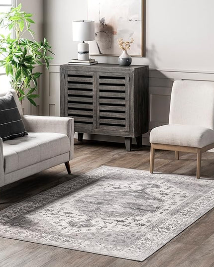 nuLOOM Medallion Bordered Machine Washable Ultra Thin Area Rug, 4' x 6', Beige - LeafyLoom