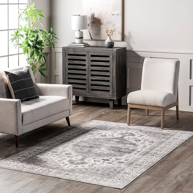 nuLOOM Medallion Bordered Machine Washable Ultra Thin Accent Rug, 3' x 5', Beige - LeafyLoom