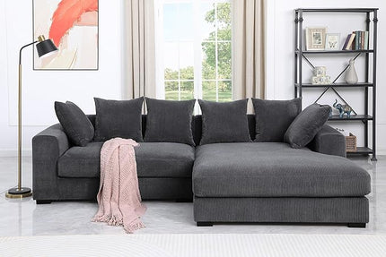 110" Modern L-shaped Sectional Sofa with Big Chaise,Upholstered Sleeper Couch W/ 6 Throw Pillows & Generously Armrests,Easy Assembly,Spacious Loveseat for Living Room Apartment Home,Dark Gray - LeafyLoom