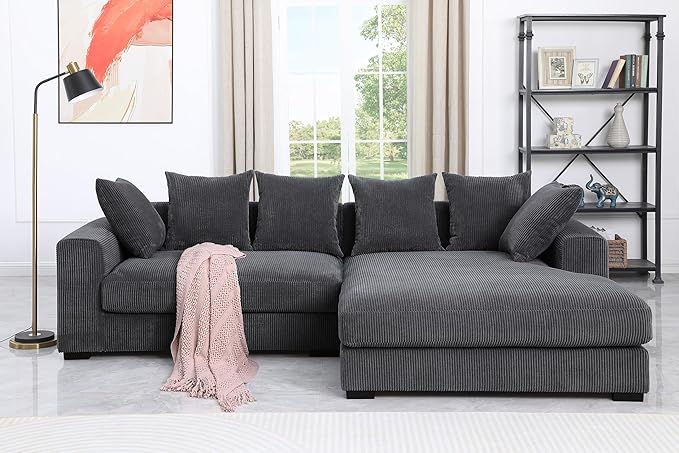 110" Modern L-shaped Sectional Sofa with Big Chaise,Upholstered Sleeper Couch W/ 6 Throw Pillows & Generously Armrests,Easy Assembly,Spacious Loveseat for Living Room Apartment Home,Dark Gray - LeafyLoom