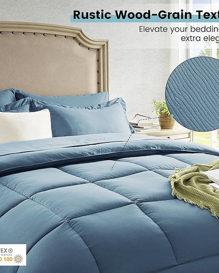 Full Size Bed in a Bag 7 Pieces Comforter Set Blue Bed Set with Comforter, Pillowcases, Flat Sheet, Fitted Sheet and Pillow Shams - LeafyLoom