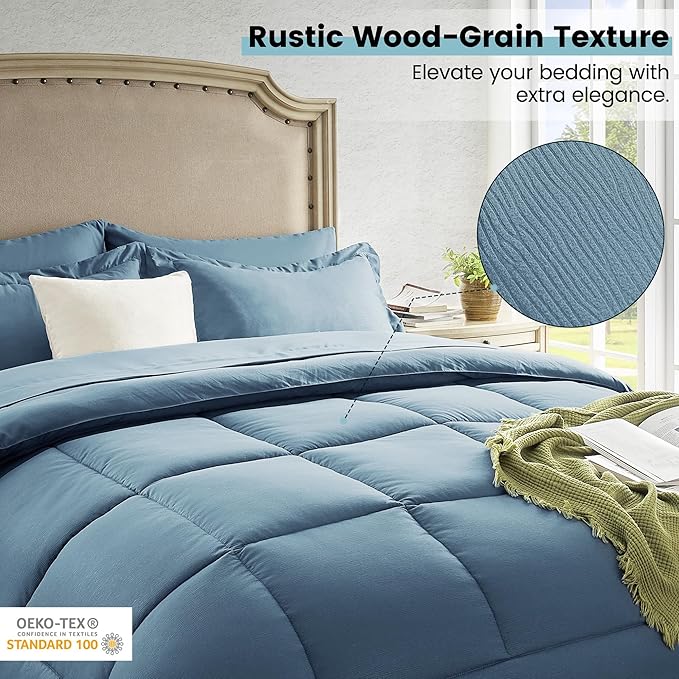 Full Size Bed in a Bag 7 Pieces Comforter Set Blue Bed Set with Comforter, Pillowcases, Flat Sheet, Fitted Sheet and Pillow Shams - LeafyLoom