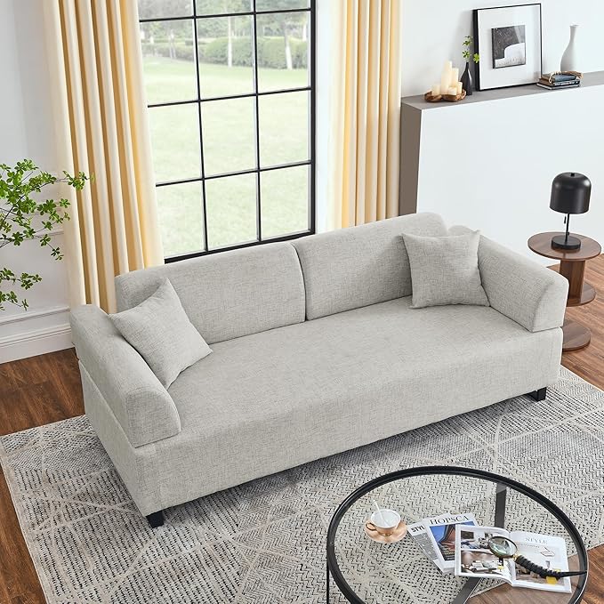Morden Linen Upholstered 3 Seat Sofa Couch with Two End Tables and 2 Pillows, Free Transformation Removable Back and Armrests for Living Room, 86.25", Beige-395 - LeafyLoom