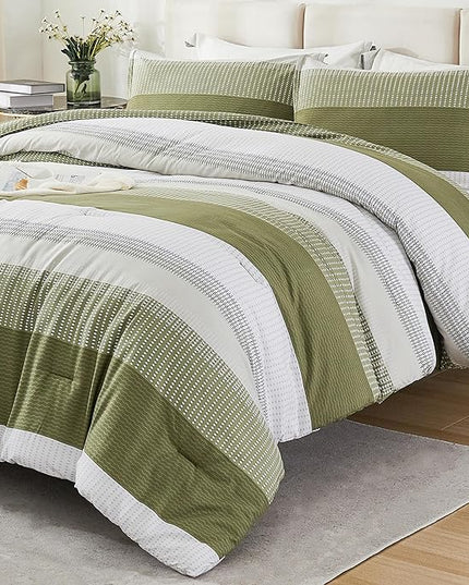 Litanika Olive Green Comforter Set Queen - 3 Pieces Lightweight Olive Green White Colorblock Stripe Fluffy Bedding Comforter Sets, All Season Bed Set - LeafyLoom