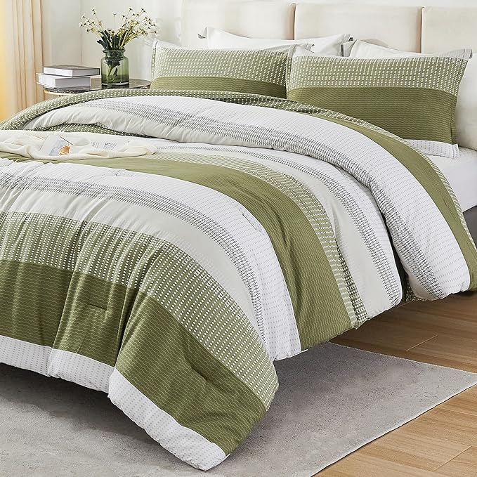Litanika Olive Green Comforter Set Queen - 3 Pieces Lightweight Olive Green White Colorblock Stripe Fluffy Bedding Comforter Sets, All Season Bed Set - LeafyLoom