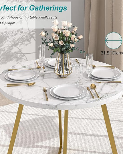 VECELO Round Dining Table with Steel Frame for 2-4 People, Space Saving for Home, Kitchen, Apartment, White & Gold - LeafyLoom