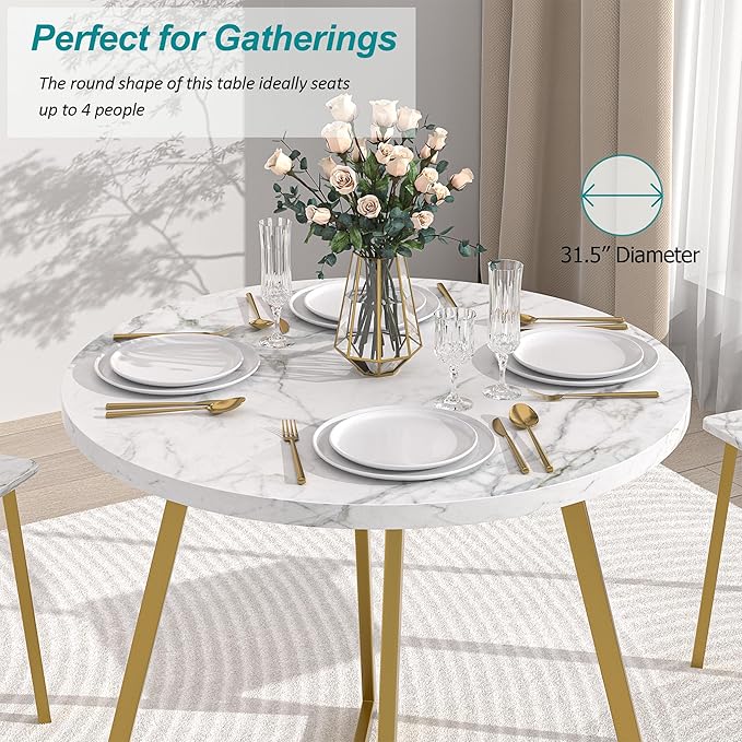 VECELO Round Dining Table with Steel Frame for 2-4 People, Space Saving for Home, Kitchen, Apartment, White & Gold - LeafyLoom