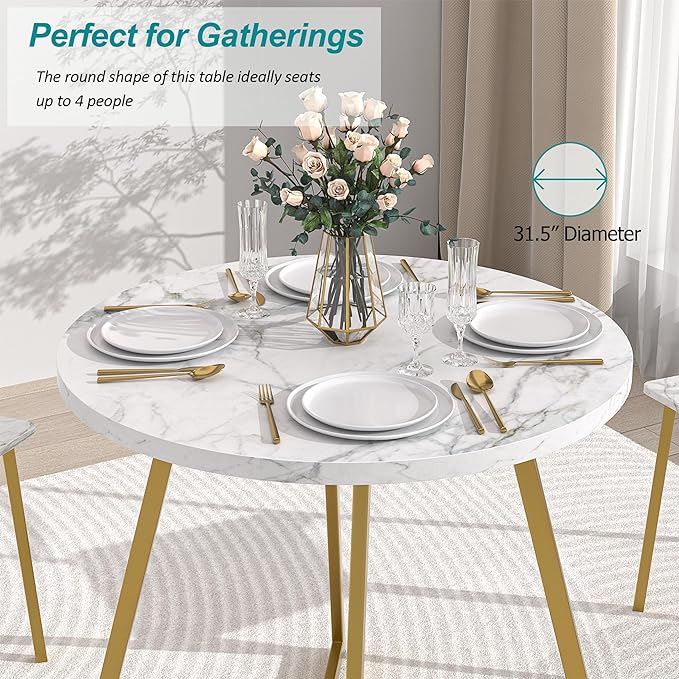 VECELO Round Dining Table with Steel Frame for 2-4 People, Space Saving for Home, Kitchen, Apartment, White & Gold - LeafyLoom