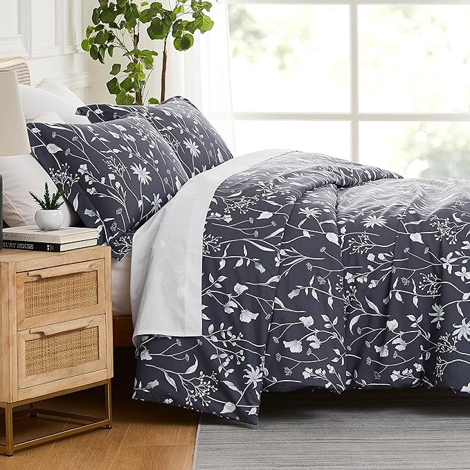 Southshore Fine Living, Inc. 3-Piece Full/Queen Comforter Set, Down Alternative All-Season Floral Comforter with Matching Shams, Soft Microfiber Bedspread, Full or Queen Bed, Secret Meadow Blue - LeafyLoom