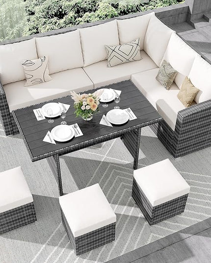 IDEALHOUSE 7 Pieces Outdoor Dining Set,Patio Sectional Sofa Conversation Set All Weather Wicker Rattan Couch Dining Table & Chair with Ottoman Beige - LeafyLoom