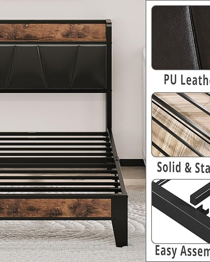 LIKIMIO Twin Bed Frame, Storage Headboard with Charging Station, Solid and Stable, Noise Free, No Box Spring Needed, Easy Assembly (Vintage and Black) - LeafyLoom