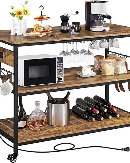 Yaheetech Kitchen Island with Power Outlet, Rolling Kitchen Cart with Wine Rack & Glass Holder & Hooks, Coffee Bar Microwave Stand Wine Rack Table for Dining Room, 47.5" W x 24" D, Rustic Brown - LeafyLoom