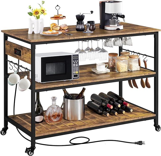 Yaheetech Kitchen Island with Power Outlet, Rolling Kitchen Cart with Wine Rack & Glass Holder & Hooks, Coffee Bar Microwave Stand Wine Rack Table for Dining Room, 47.5" W x 24" D, Rustic Brown - LeafyLoom