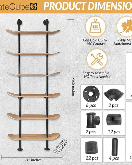 Industrial Shelves - 6 Tier Industrial Decor Pipe Bookcase Using 7 Ply Skateboard Decks - Natural Wood Stain Finish - Bathroom Wall Decor, Living Room Furniture, Book Shelf for Skateboard Enthusiasts - LeafyLoom