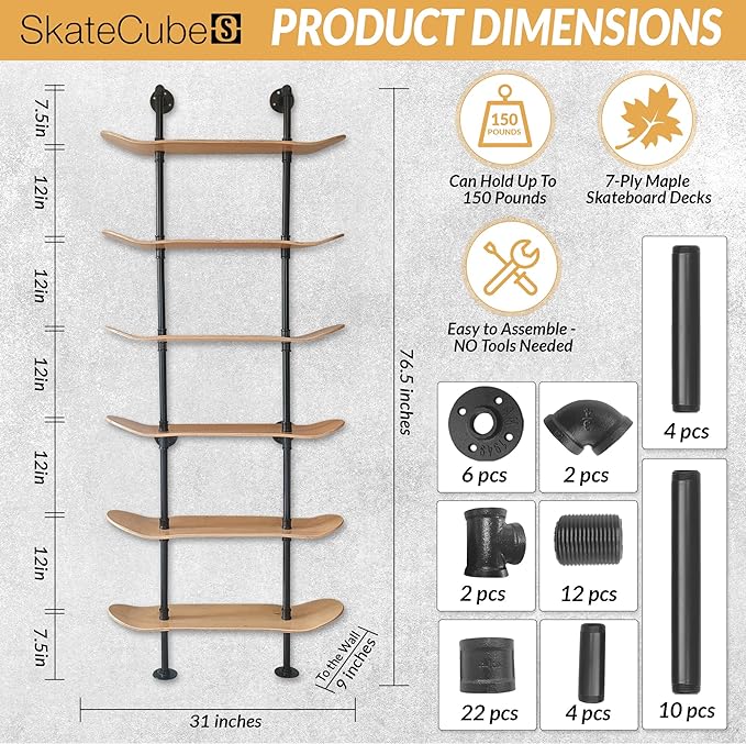 Industrial Shelves - 6 Tier Industrial Decor Pipe Bookcase Using 7 Ply Skateboard Decks - Natural Wood Stain Finish - Bathroom Wall Decor, Living Room Furniture, Book Shelf for Skateboard Enthusiasts - LeafyLoom