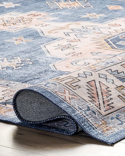 nuLOOM Norma Machine Washable Traditional Medallion Ultra Thin Area Rug, 6' x 9', Blue - LeafyLoom