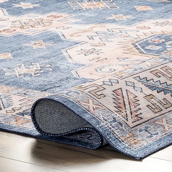 nuLOOM Norma Machine Washable Traditional Medallion Ultra Thin Area Rug, 6' x 9', Blue - LeafyLoom