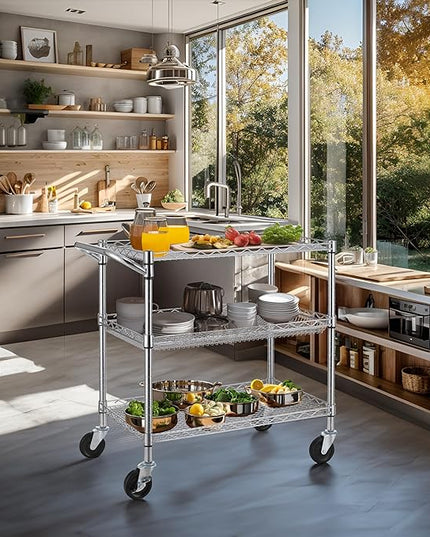 Finnhomy 3 Tier Heavy Duty Commercial Grade Utility Cart, Wire Rolling Cart with Handle Bar, Steel Service Cart with Wheels, Utility Shelf Plant Display Shelf Food Storage Trolley, NSF Listed - LeafyLoom