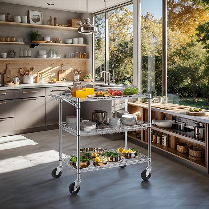 Finnhomy 3 Tier Heavy Duty Commercial Grade Utility Cart, Wire Rolling Cart with Handle Bar, Steel Service Cart with Wheels, Utility Shelf Plant Display Shelf Food Storage Trolley, NSF Listed - LeafyLoom