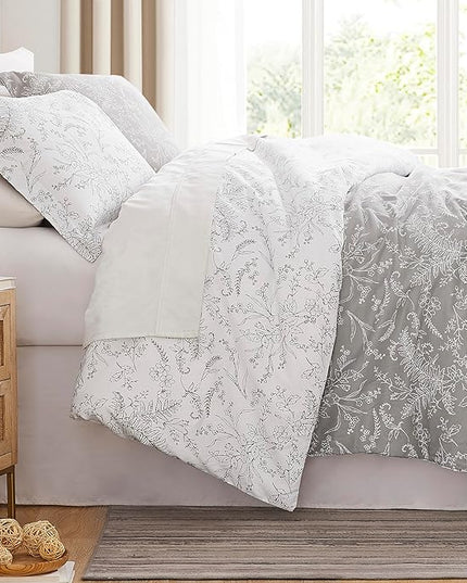 Southshore Fine Living, Inc. Full/Queen Comforter Set, Hotel Quality Floral Comforter with Matching Shams, Reversible Print is 2 Colors in 1, Fits Queen & Full Beds, Winter Brush Grey/White - LeafyLoom