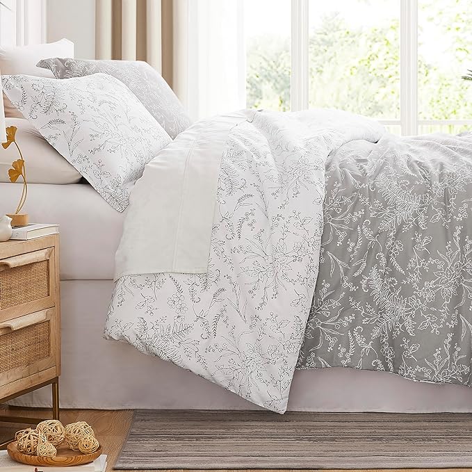 Southshore Fine Living, Inc. Full/Queen Comforter Set, Hotel Quality Floral Comforter with Matching Shams, Reversible Print is 2 Colors in 1, Fits Queen & Full Beds, Winter Brush Grey/White - LeafyLoom