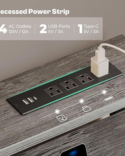 Gaming Desk with 6 Drawers, Computer Desk with LED Lights Power Outlets and Type-C, 47 Inch Office Desk with Storage, Monitor Stand, Writing Desk Work Desk for Home Office, Bedroom, Study, Grey - LeafyLoom