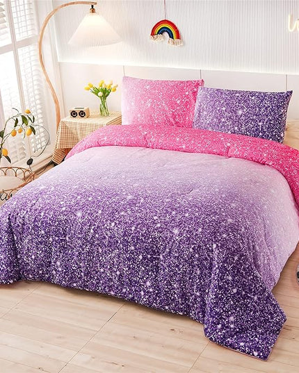 Holawakaka Kids Space Star Glitter Comforter Set Ombre Pink Purple Print Gradient Bedding Set Queen Size (Pink Purple, Queen)…… - LeafyLoom