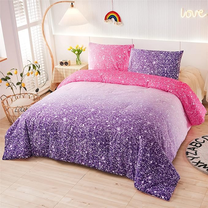 Holawakaka Kids Space Star Glitter Comforter Set Ombre Pink Purple Print Gradient Bedding Set Queen Size (Pink Purple, Queen)…… - LeafyLoom