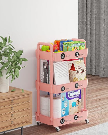 3-Tier Storage Cart,Multifunction Utility Rolling Cart Kitchen Storage Organizer,Mobile Shelving Unit Cart with Lockable Wheels for Bathroom,Laundry,with Classified Stickers,Pink - LeafyLoom