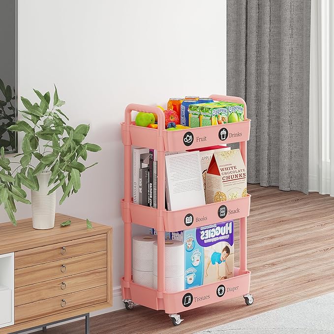 3-Tier Storage Cart,Multifunction Utility Rolling Cart Kitchen Storage Organizer,Mobile Shelving Unit Cart with Lockable Wheels for Bathroom,Laundry,with Classified Stickers,Pink - LeafyLoom