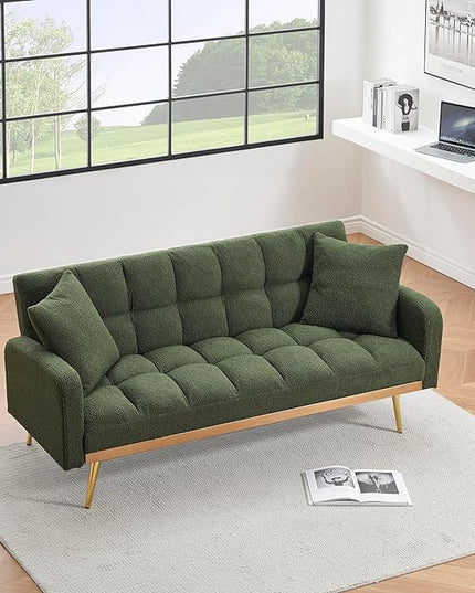 Fabric Teddy Fleece Folding Futon Sofa Bed w/Adjustable Backrests, 2 Seater Tufted Convertible Lounge Couch Recliner Loveseat with Metal Golden Legs for Living Room, Office,Bedroom, Green 69" - LeafyLoom
